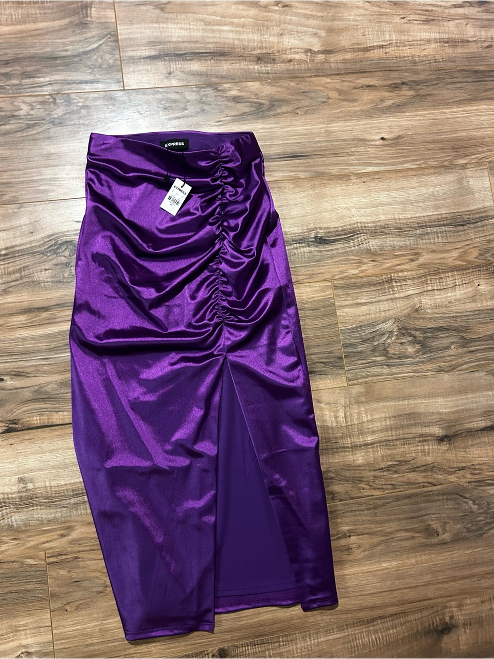 Express Purple Satin Ruched Midi Skirt with Front Slit